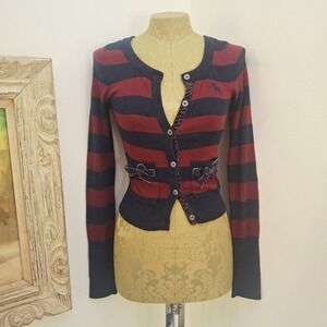 Y2K RARE!!! Abercrombie & Fitch Maroon Navy Striped Cardigan Velvet Bow Pockets